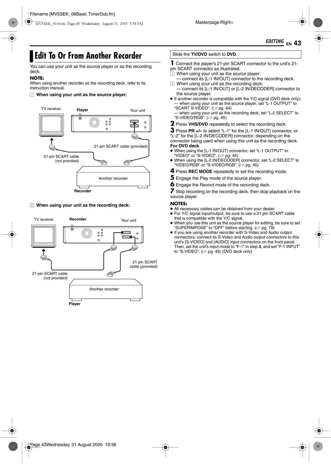 JVC DR-MV5SEK, DR-MV5BEK manual When using your unit as the source player, When using your unit as the recording deck 