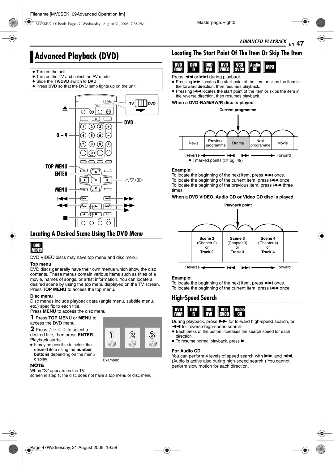 JVC DR-MV5SEK, DR-MV5BEK manual Advanced Playback DVD, High-Speed Search, DVD TOP Menu Enter 