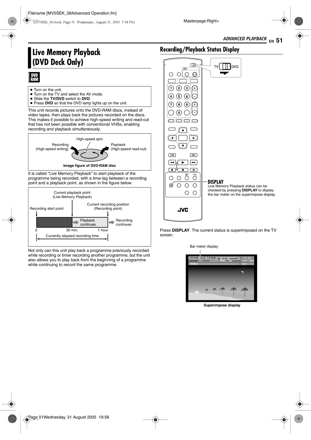 JVC DR-MV5SEK, DR-MV5BEK manual Recording/Playback Status Display 