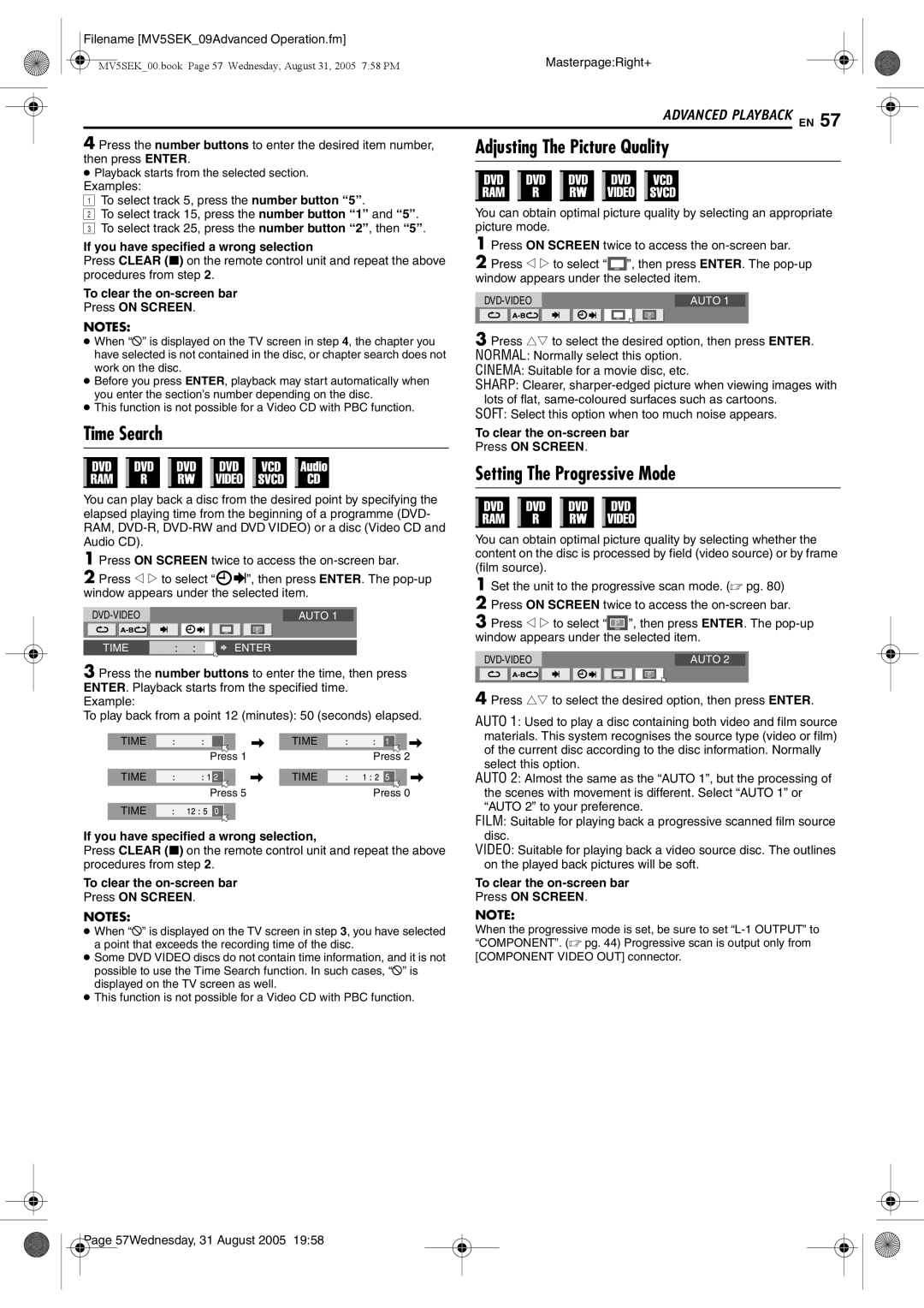 JVC DR-MV5SEK, DR-MV5BEK manual Time Search, Adjusting The Picture Quality, Setting The Progressive Mode 