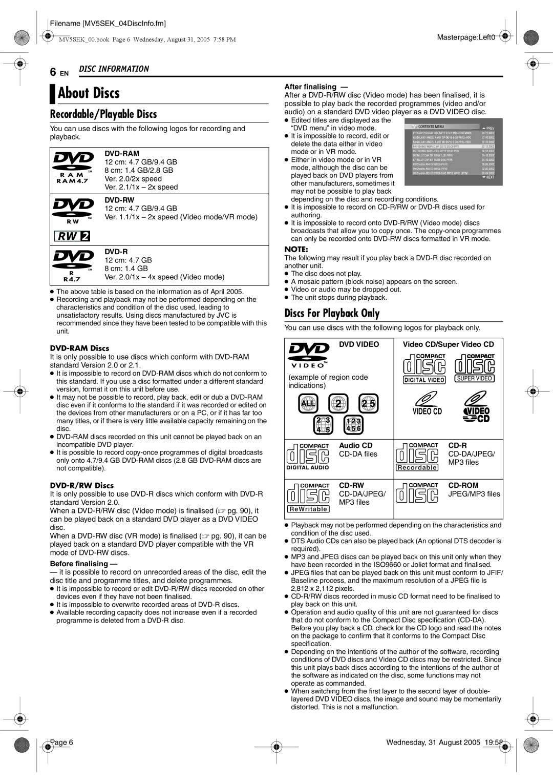 JVC DR-MV5BEK, DR-MV5SEK About Discs, Recordable/Playable Discs, Discs For Playback Only, DVD-RAM Discs, DVD-R/RW Discs 