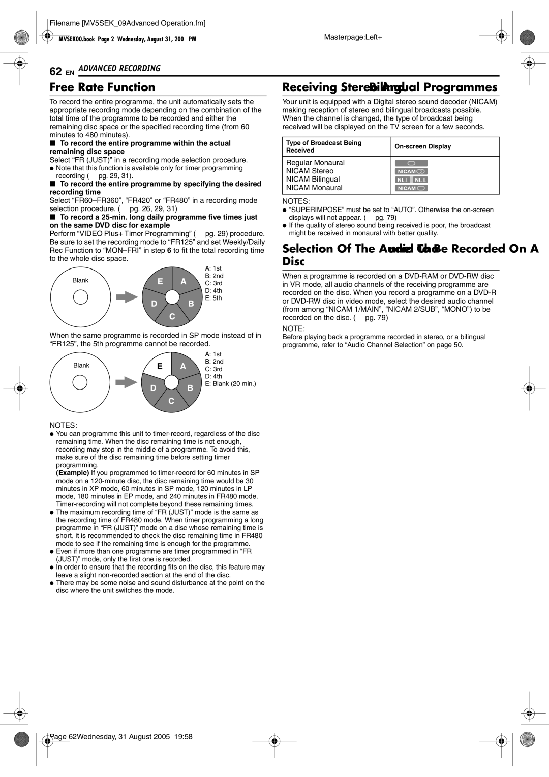 JVC DR-MV5BEK, DR-MV5SEK manual Free Rate Function, Selection Of The Audio Channel To Be Recorded On a Disc 