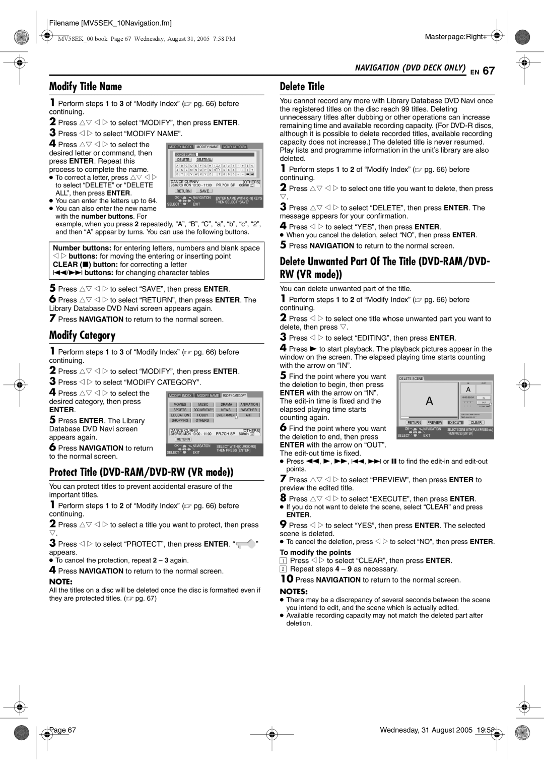 JVC DR-MV5SEK Modify Title Name, Modify Category, Delete Title, Delete Unwanted Part Of The Title DVD-RAM/DVD- RW VR mode 