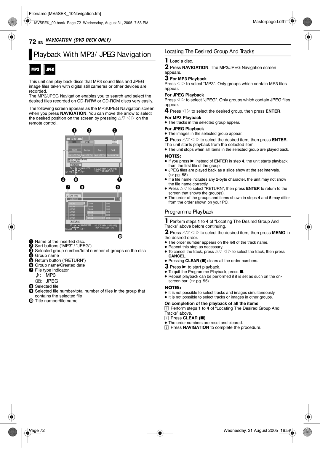 JVC DR-MV5BEK, DR-MV5SEK manual Locating The Desired Group And Tracks, For MP3 Playback, For Jpeg Playback, Press Clear 