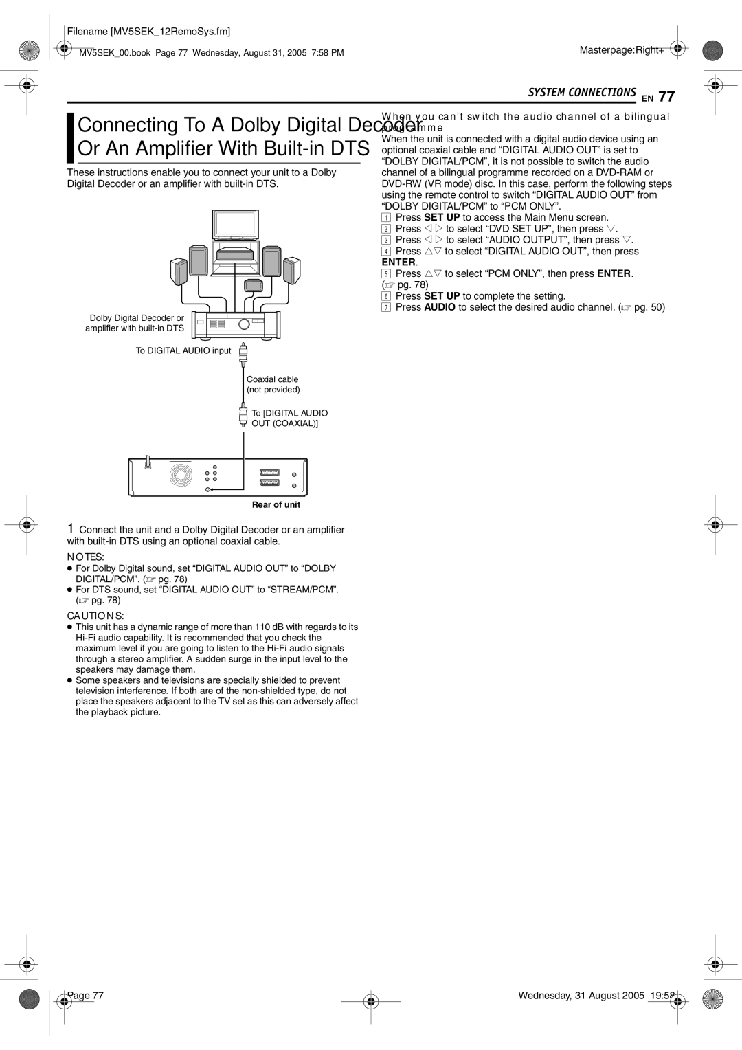 JVC DR-MV5SEK, DR-MV5BEK manual When you can’t switch the audio channel of a bilingual, Programme 