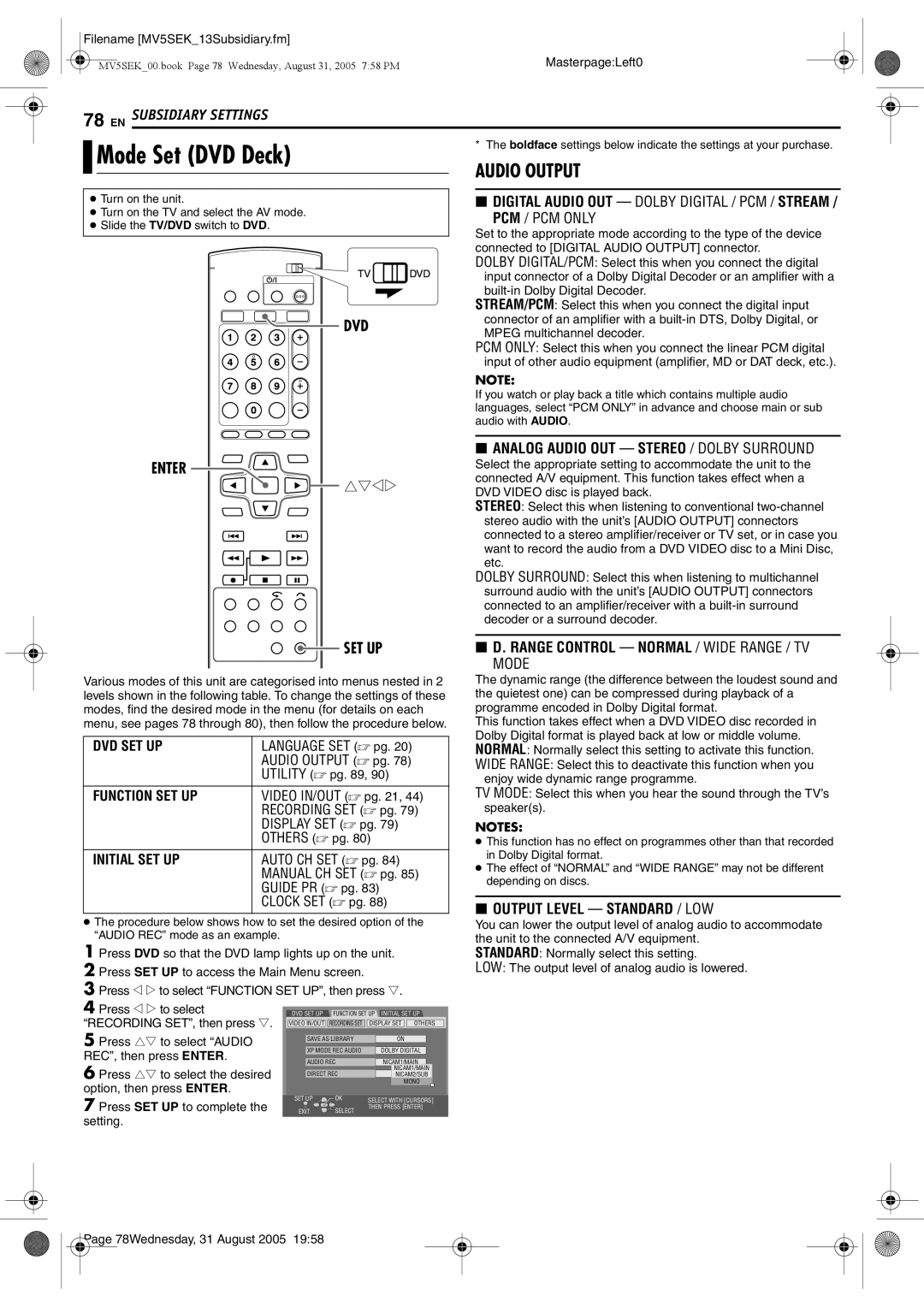 JVC DR-MV5BEK, DR-MV5SEK manual Mode Set DVD Deck, DVD Digital Audio OUT Dolby Digital / PCM / Stream 