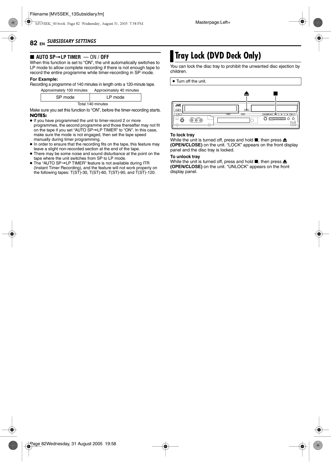 JVC DR-MV5BEK, DR-MV5SEK manual Tray Lock DVD Deck Only, For Example, SP mode LP mode, To lock tray, To unlock tray 