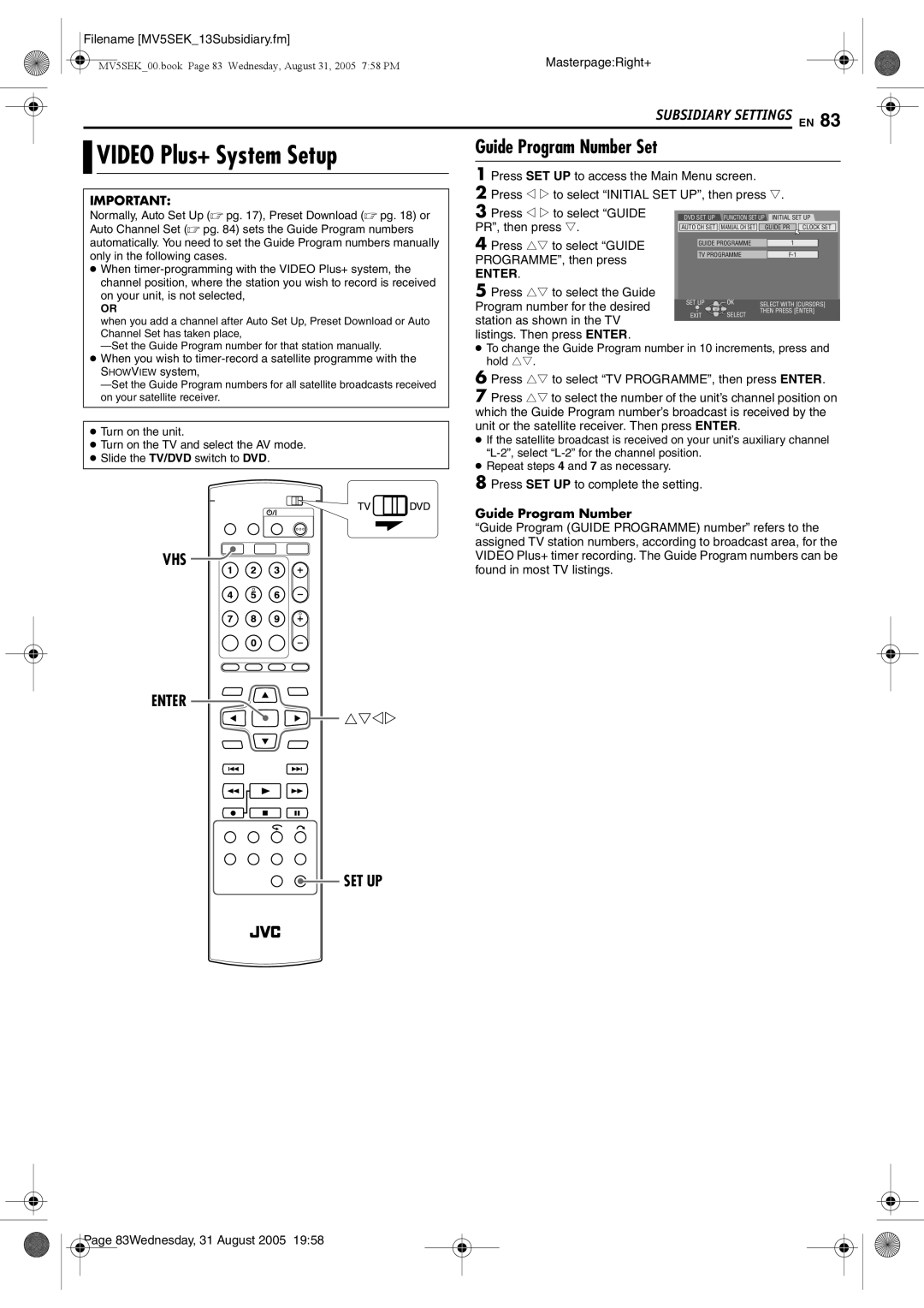 JVC DR-MV5SEK, DR-MV5BEK manual Video Plus+ System Setup, Guide Program Number Set 