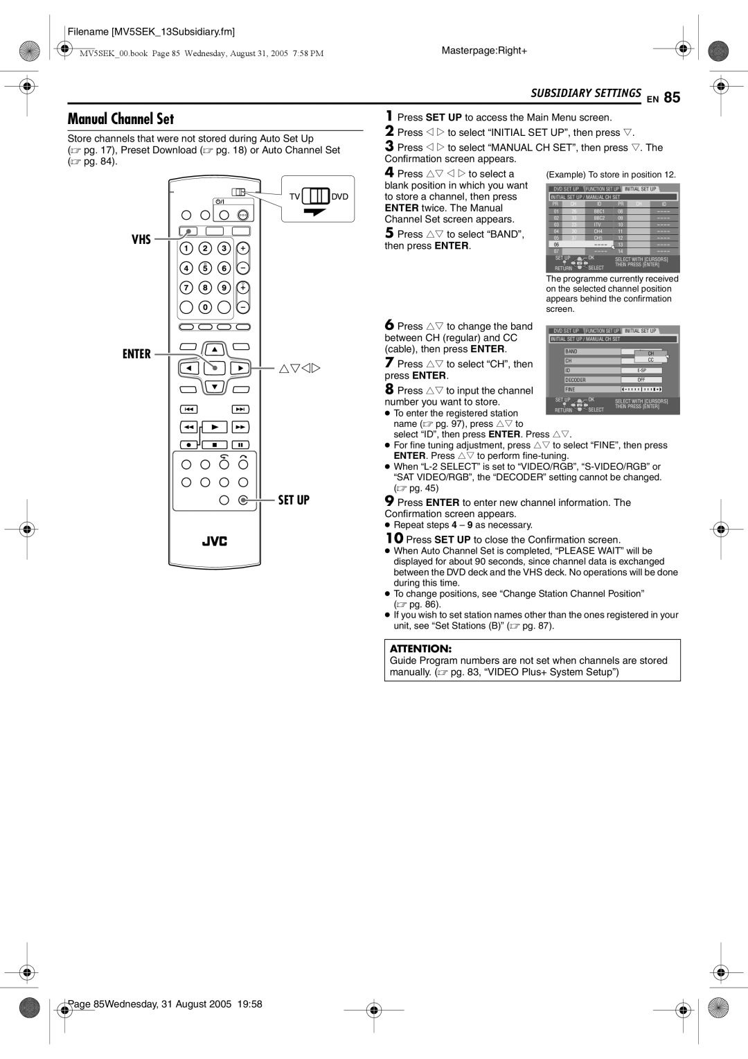 JVC DR-MV5SEK manual Press rt to input the channel, Number you want to store, Press Enter to enter new channel information 