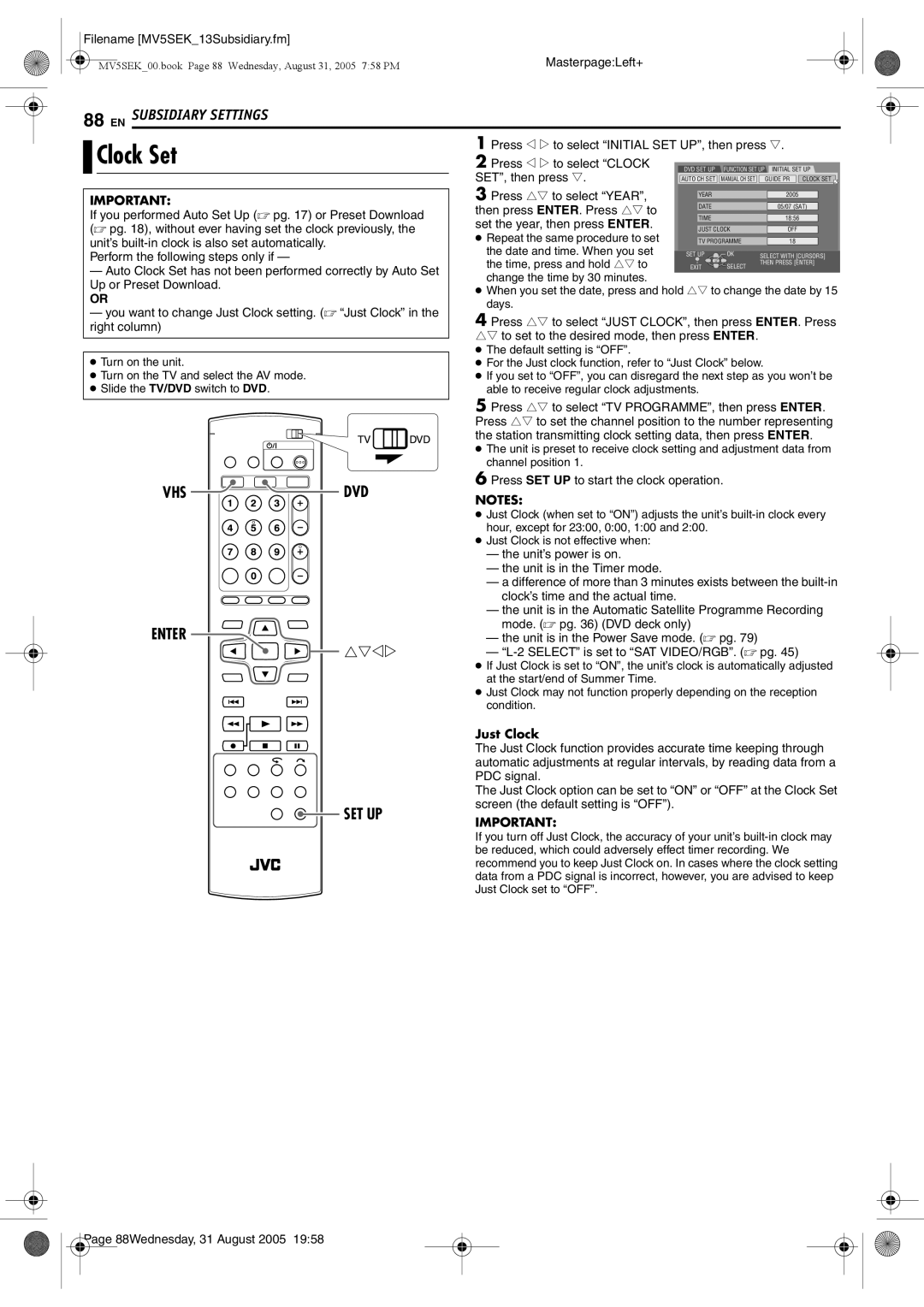 JVC DR-MV5BEK, DR-MV5SEK manual Clock Set, Just Clock 