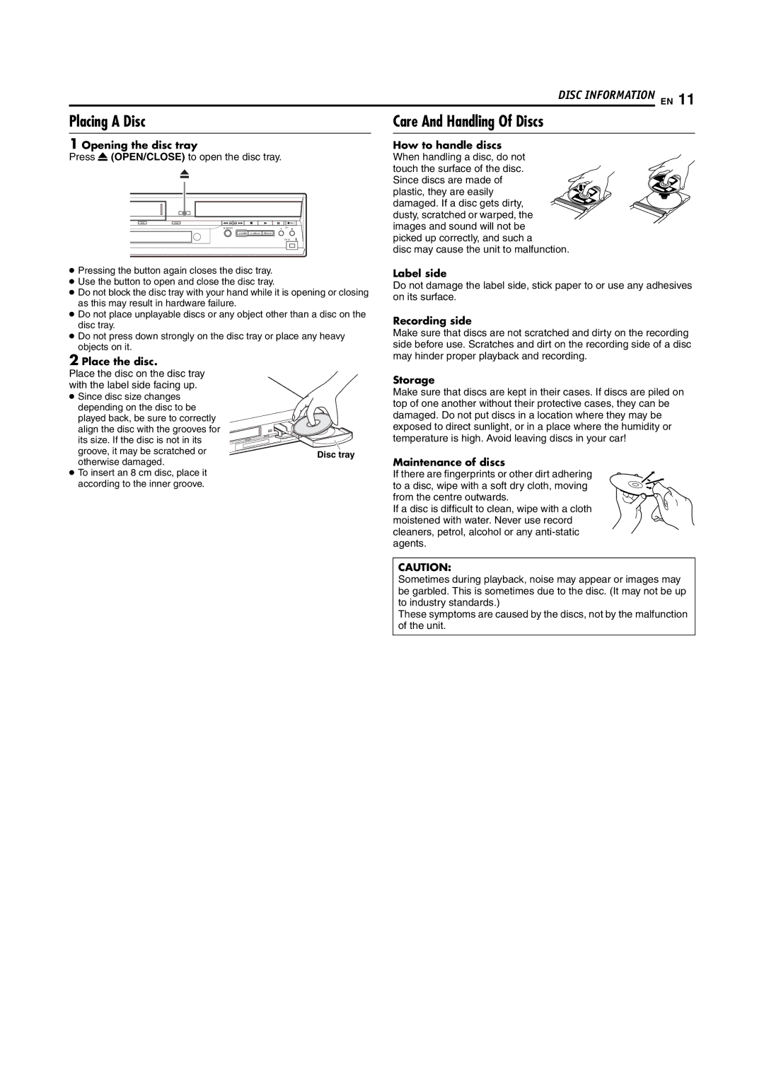 JVC DR-MV5S manual Placing a Disc, Care And Handling Of Discs 