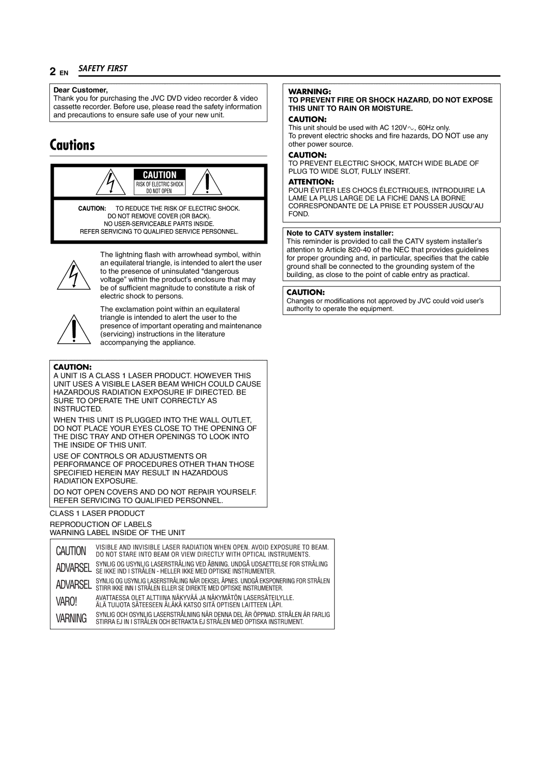 JVC DR-MV5S manual Dear Customer, This unit should be used with AC 120Vd, 60Hz only 