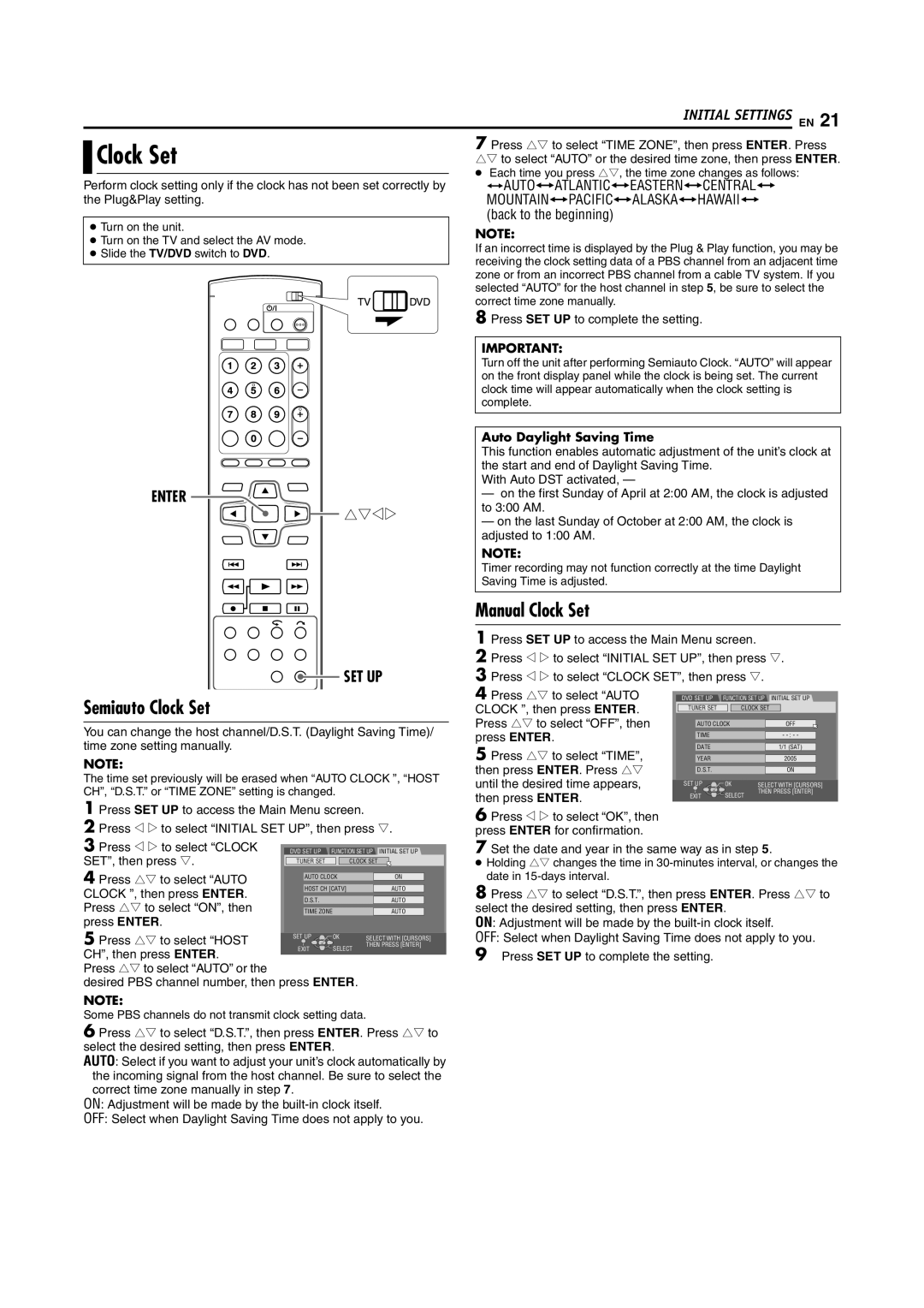 JVC DR-MV5S manual Semiauto Clock Set, Manual Clock Set, Auto Daylight Saving Time 