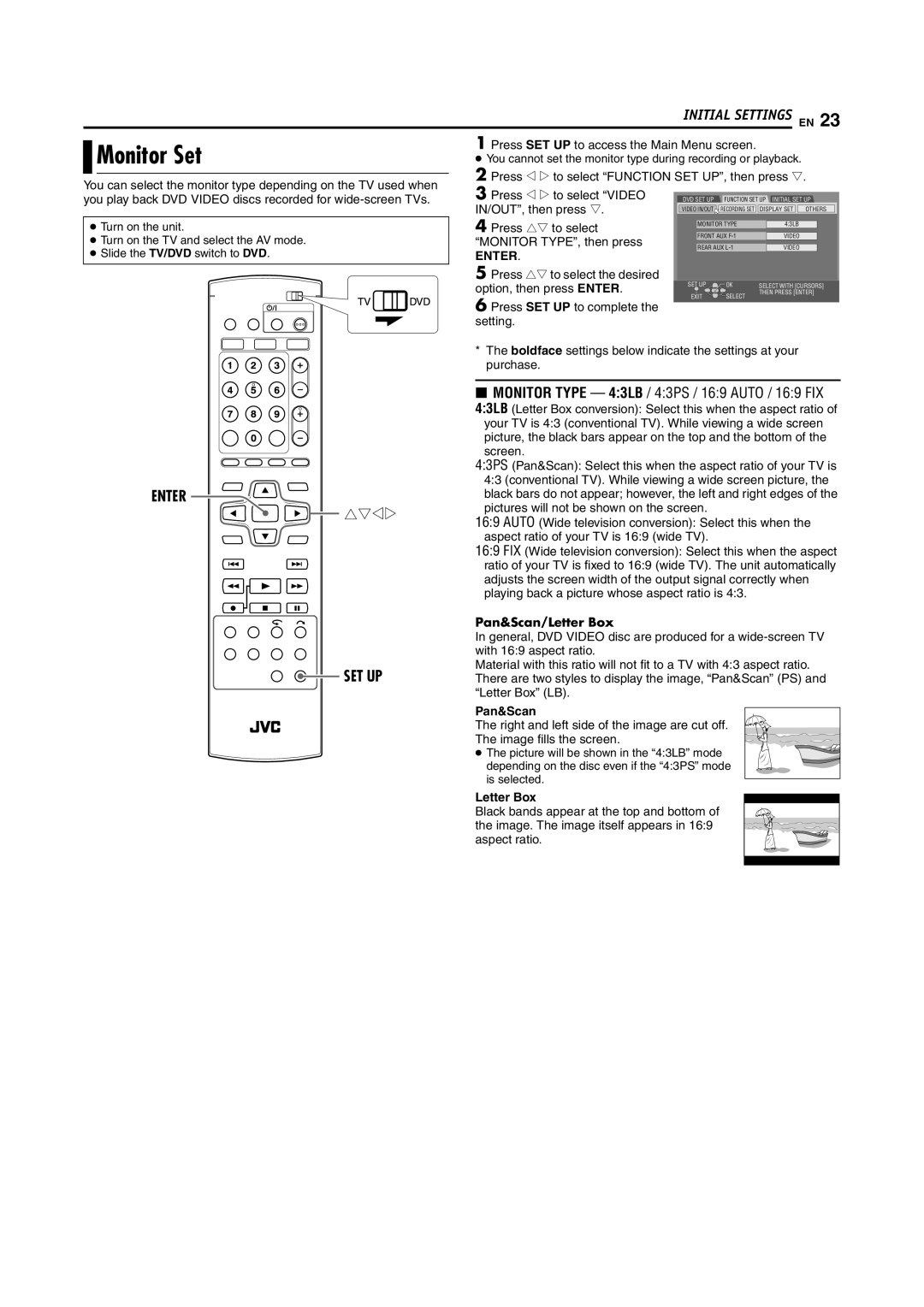 JVC DR-MV5S manual Monitor Set, Pan&Scan/Letter Box 