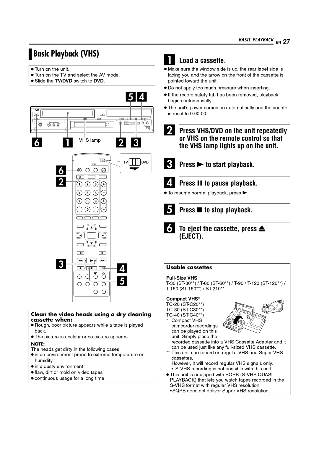 JVC DR-MV5S manual Basic Playback VHS, Clean the video heads using a dry cleaning cassette when, Usable cassettes 