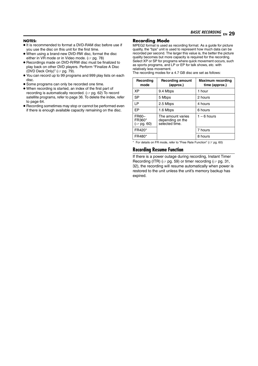 JVC DR-MV5S manual Recording Resume Function, Recording Mode, Recording Recording amount, Mode Approx Time approx 