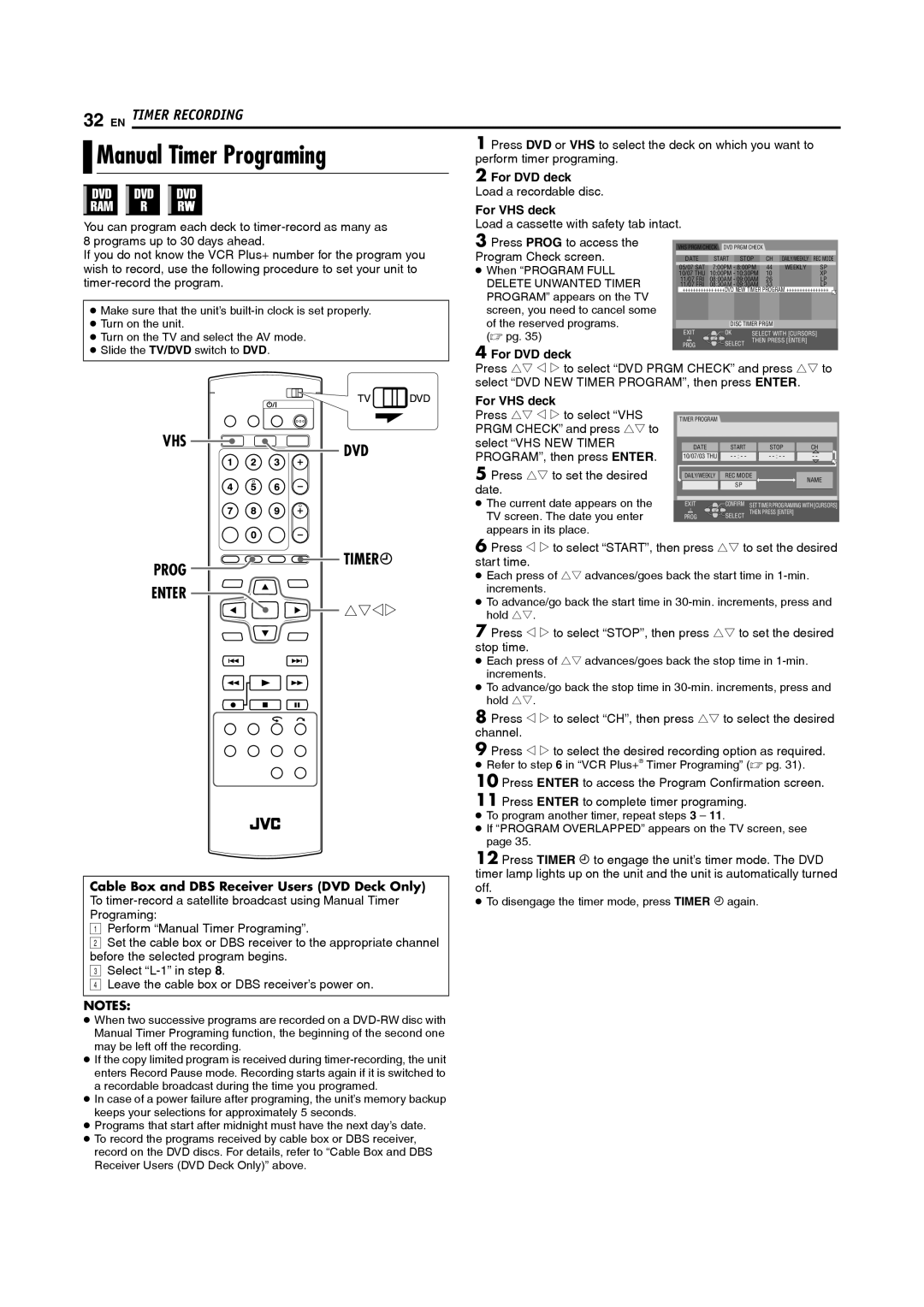 JVC DR-MV5S manual Manual Timer Programing, Vhs Dvd, Timer-record the program 