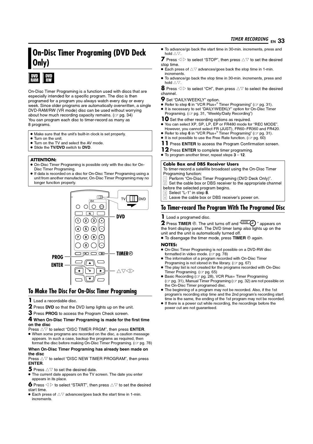 JVC DR-MV5S manual Only, To Make The Disc For On-Disc Timer Programing, Cable Box and DBS Receiver Users 