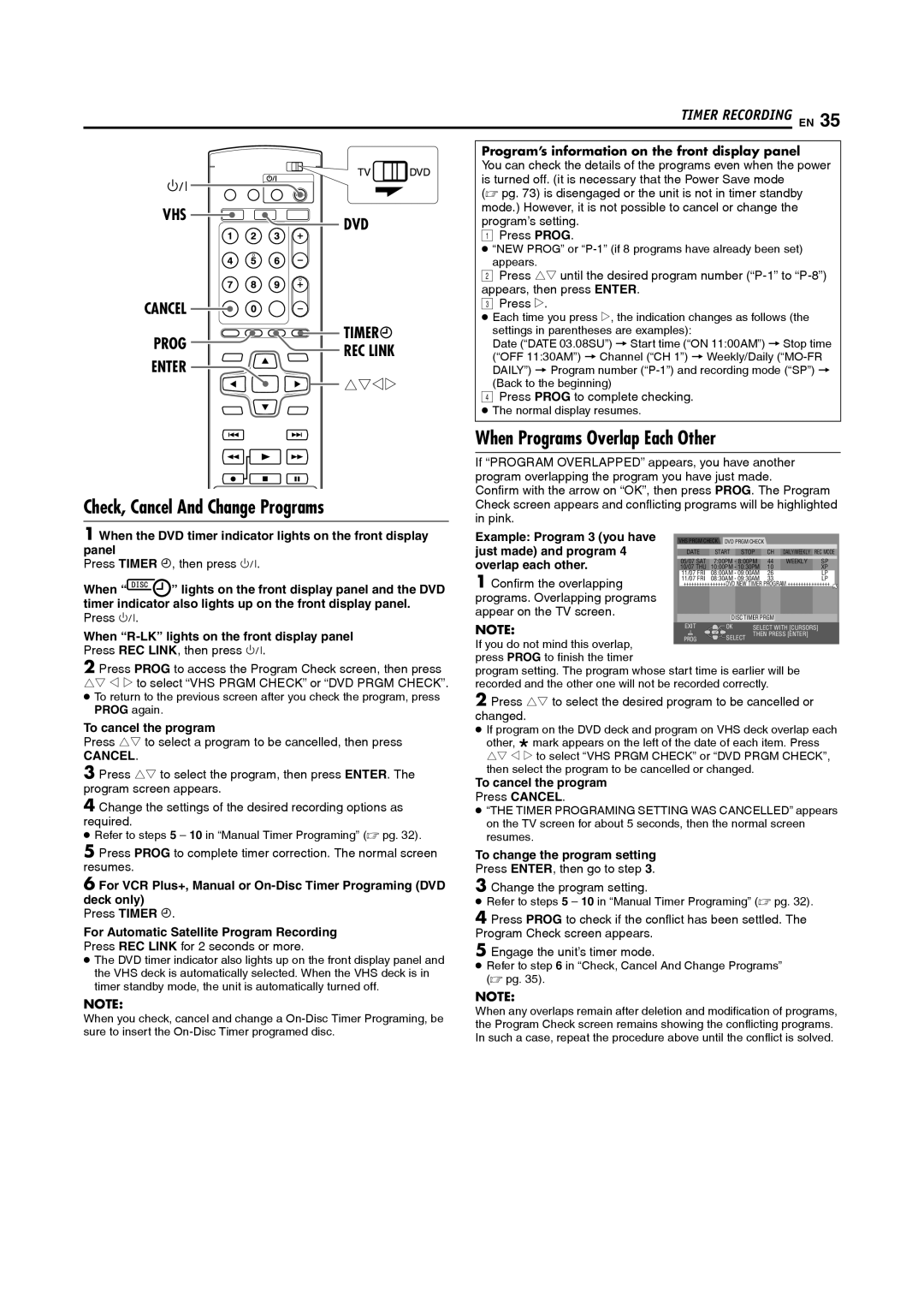 JVC DR-MV5S manual Check, Cancel And Change Programs, When Programs Overlap Each Other, REC Link 