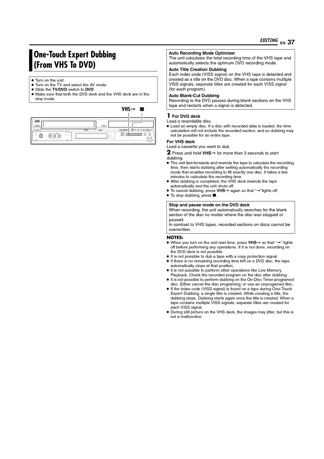 JVC DR-MV5S manual Auto Recording Mode Optimizer, Auto Title Creation Dubbing, Auto Blank-Cut Dubbing 