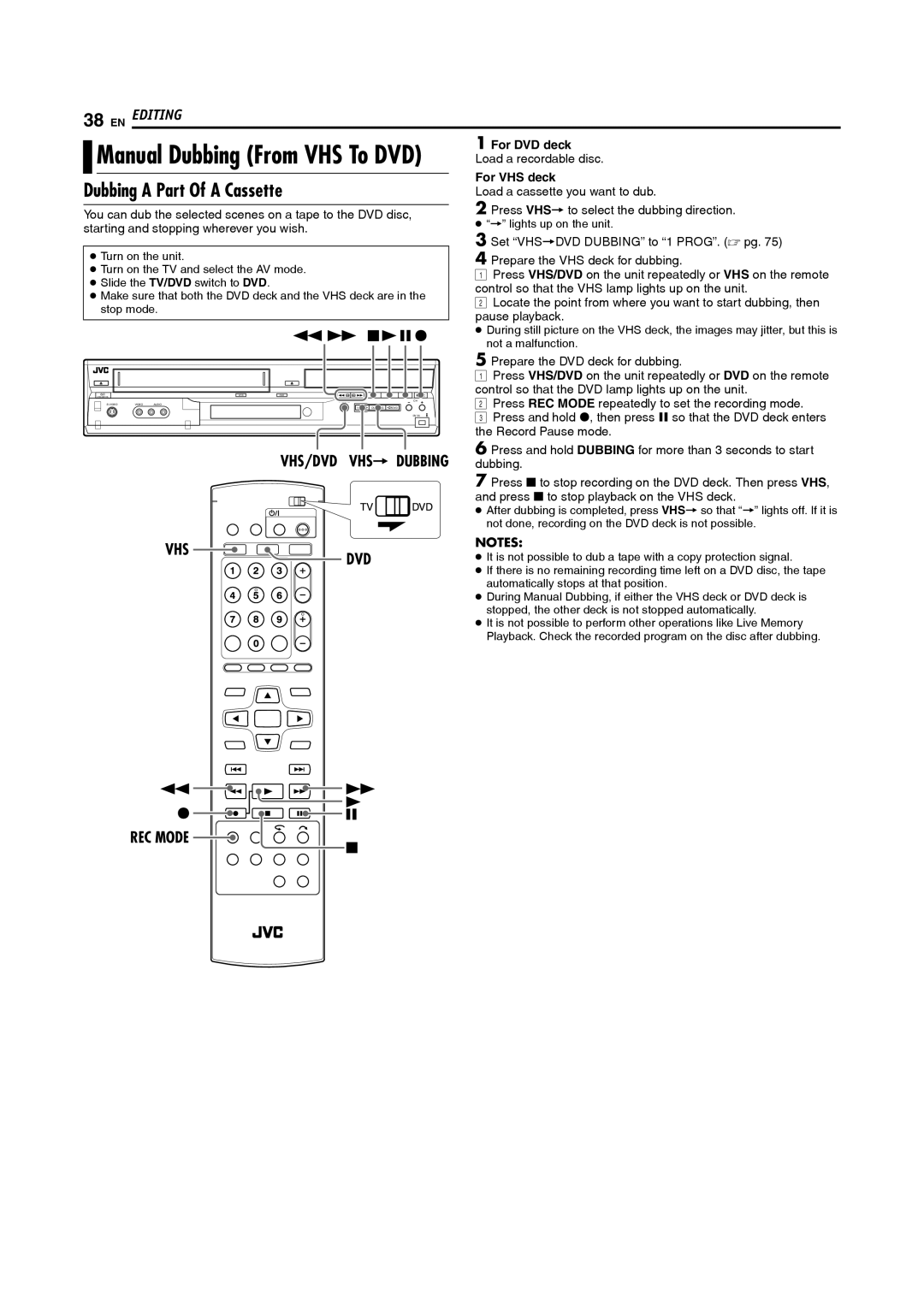 JVC DR-MV5S manual Dubbing a Part Of a Cassette, VHS/DVD VHS Dubbing 