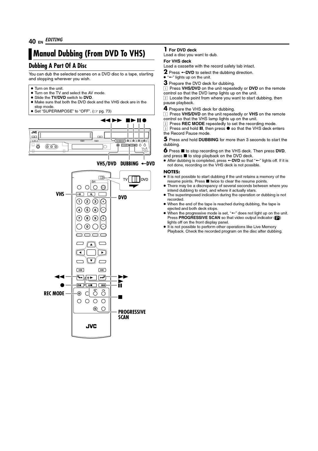 JVC DR-MV5S manual Dubbing a Part Of a Disc, VHS/DVD Dubbing DVD 