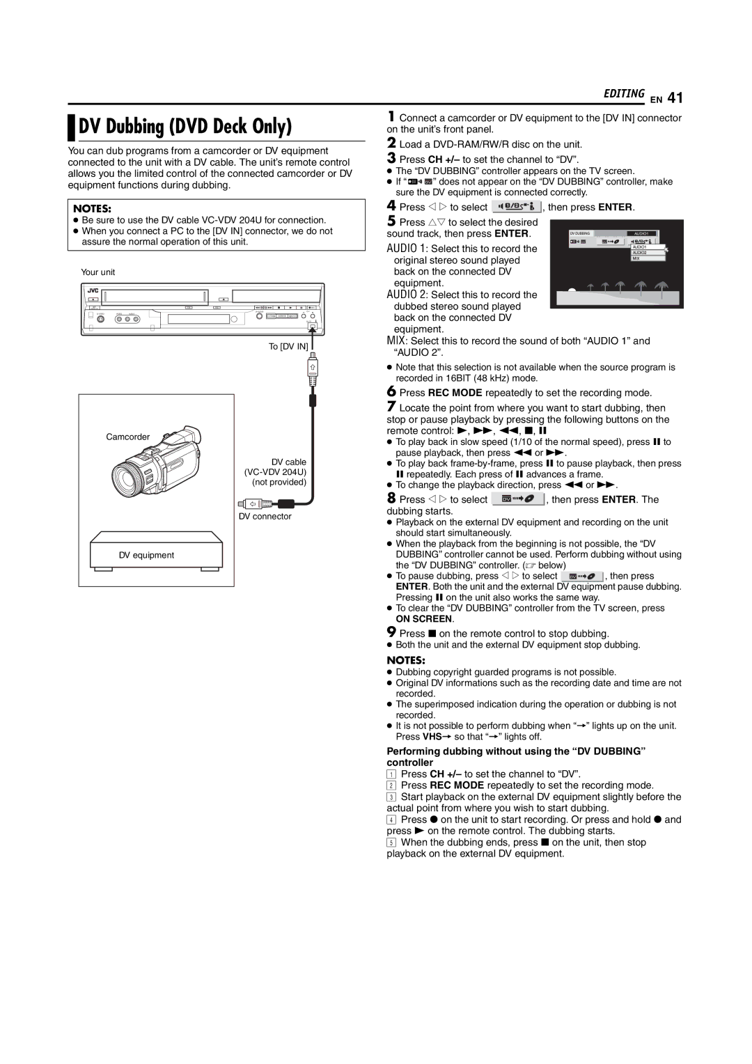 JVC DR-MV5S manual DV Dubbing DVD Deck Only, Performing dubbing without using the DV Dubbing controller 