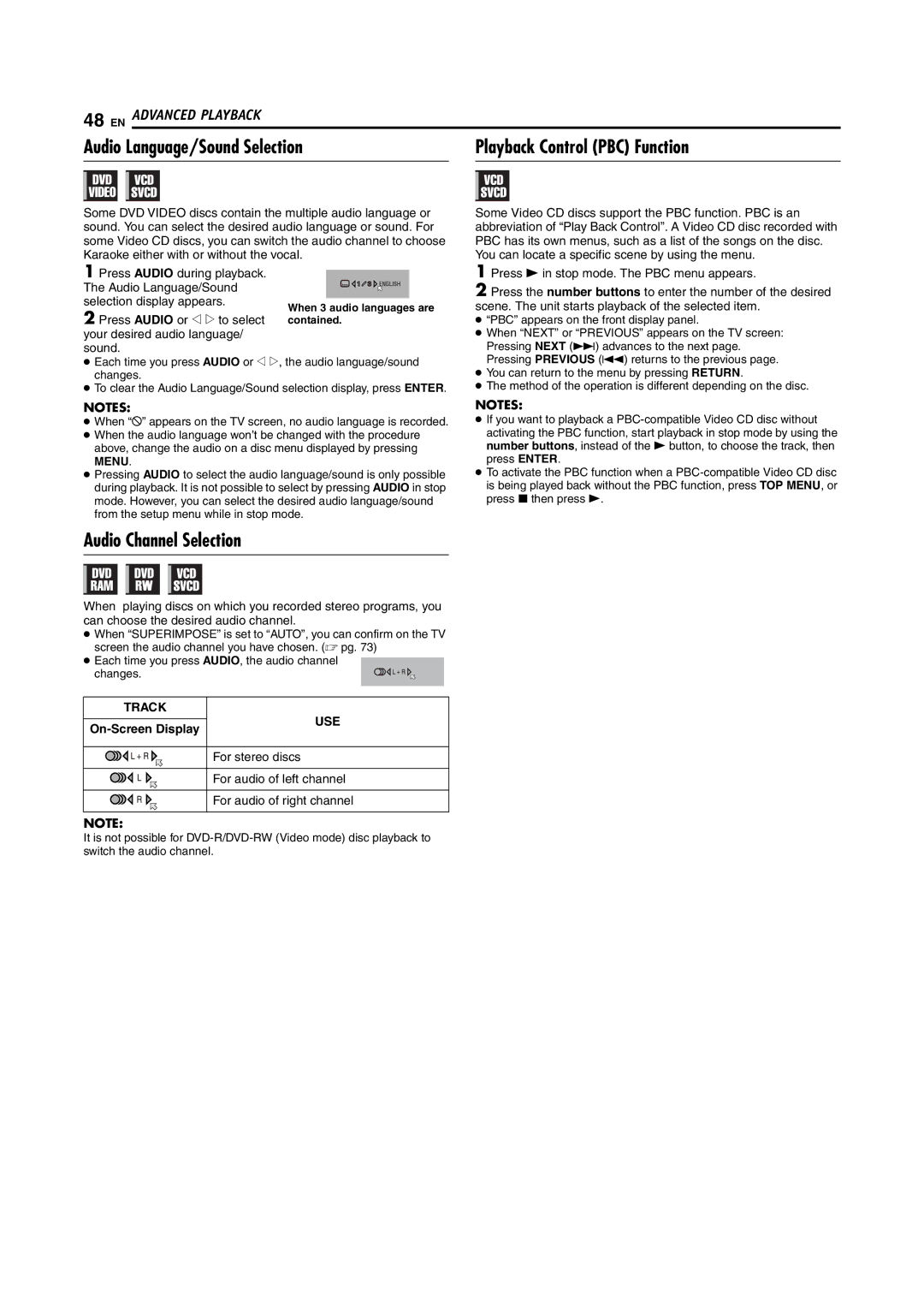 JVC DR-MV5S manual Audio Channel Selection, On-Screen Display, PBC appears on the front display panel 