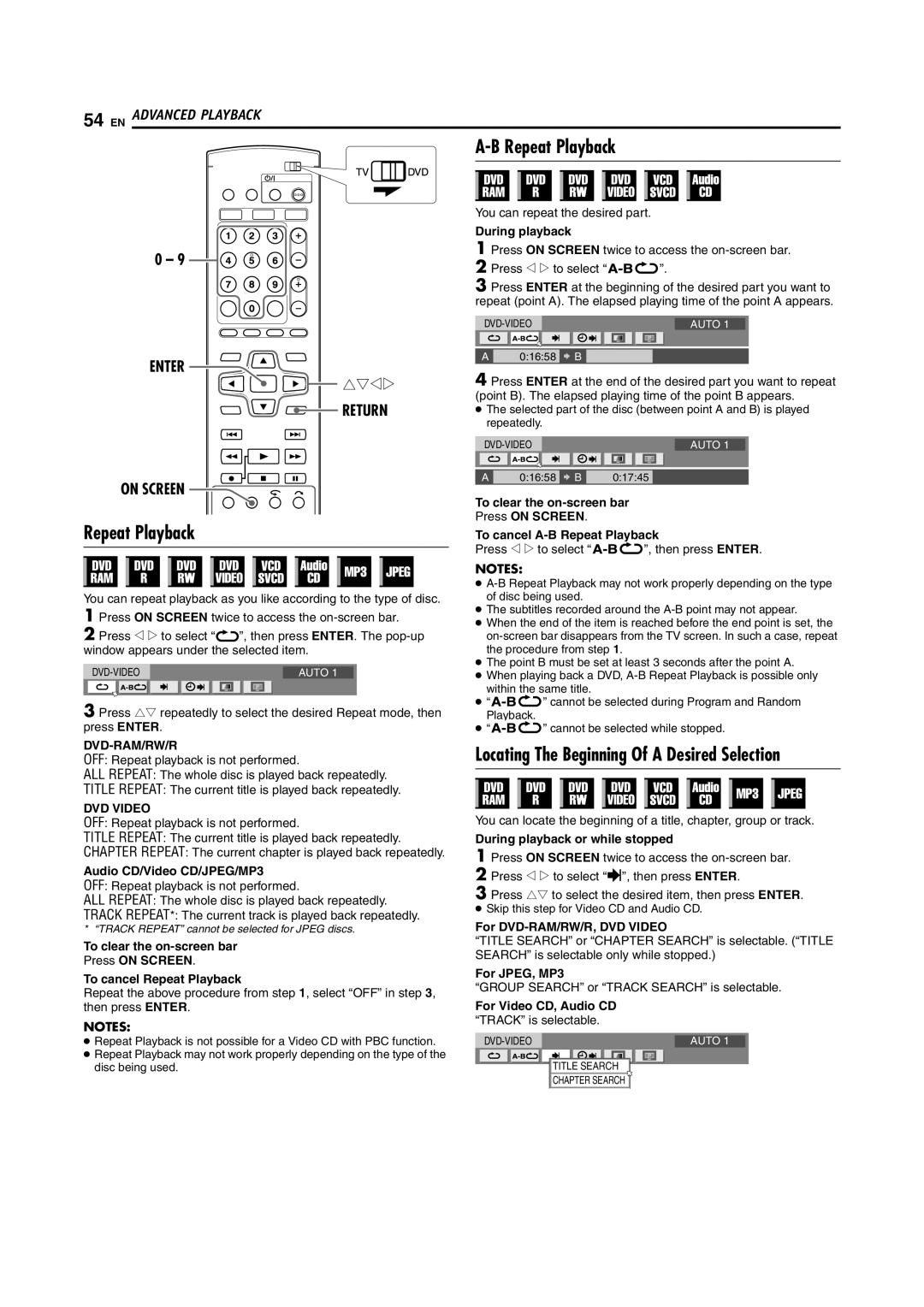 JVC DR-MV5S manual Repeat Playback, Return On Screen 