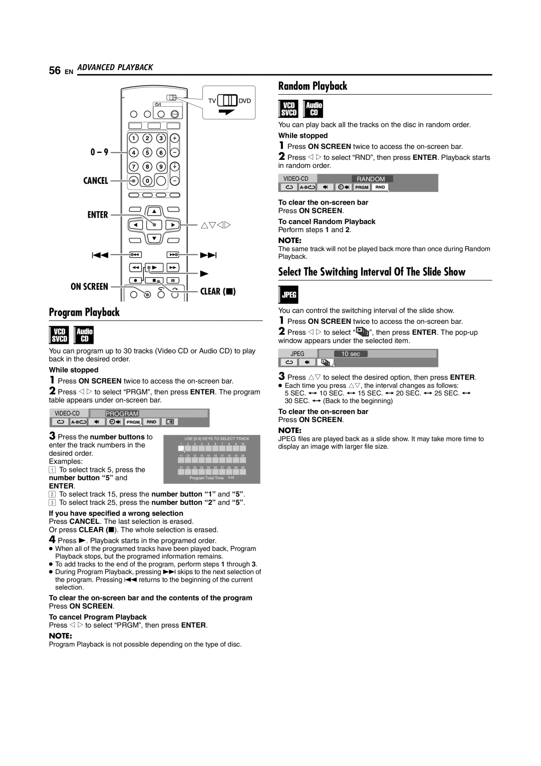 JVC DR-MV5S manual Random Playback, Program Playback, Cancel Enter, On Screen Clear 