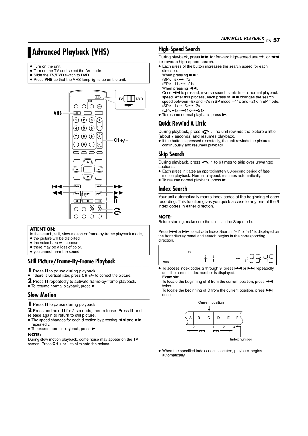 JVC DR-MV5S manual Advanced Playback VHS, Quick Rewind a Little, Index Search, Ch + 