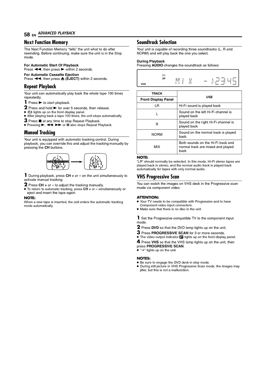 JVC DR-MV5S manual Next Function Memory, Manual Tracking, VHS Progressive Scan, Soundtrack Selection 