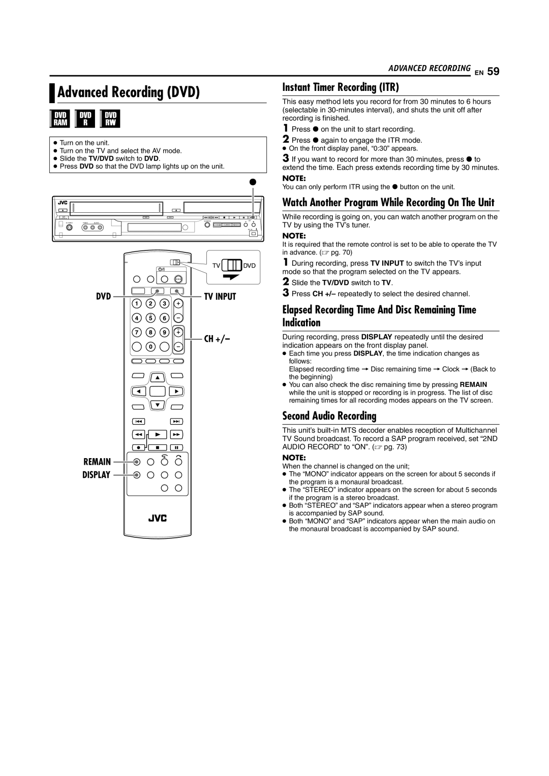 JVC DR-MV5S Advanced Recording DVD, Instant Timer Recording ITR, Elapsed Recording Time And Disc Remaining Time Indication 