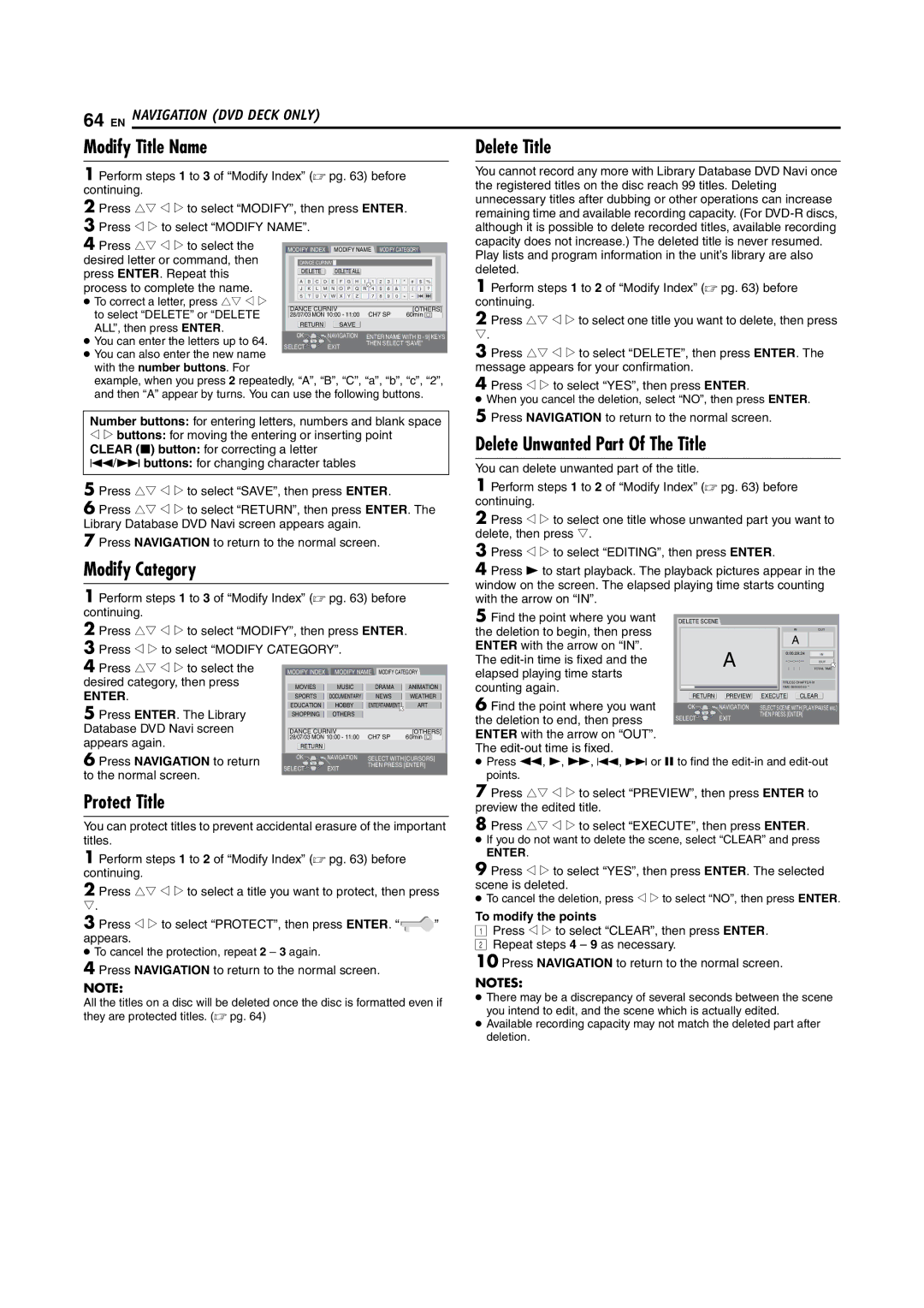 JVC DR-MV5S Modify Title Name, Delete Unwanted Part Of The Title, Modify Category, Protect Title, To modify the points 