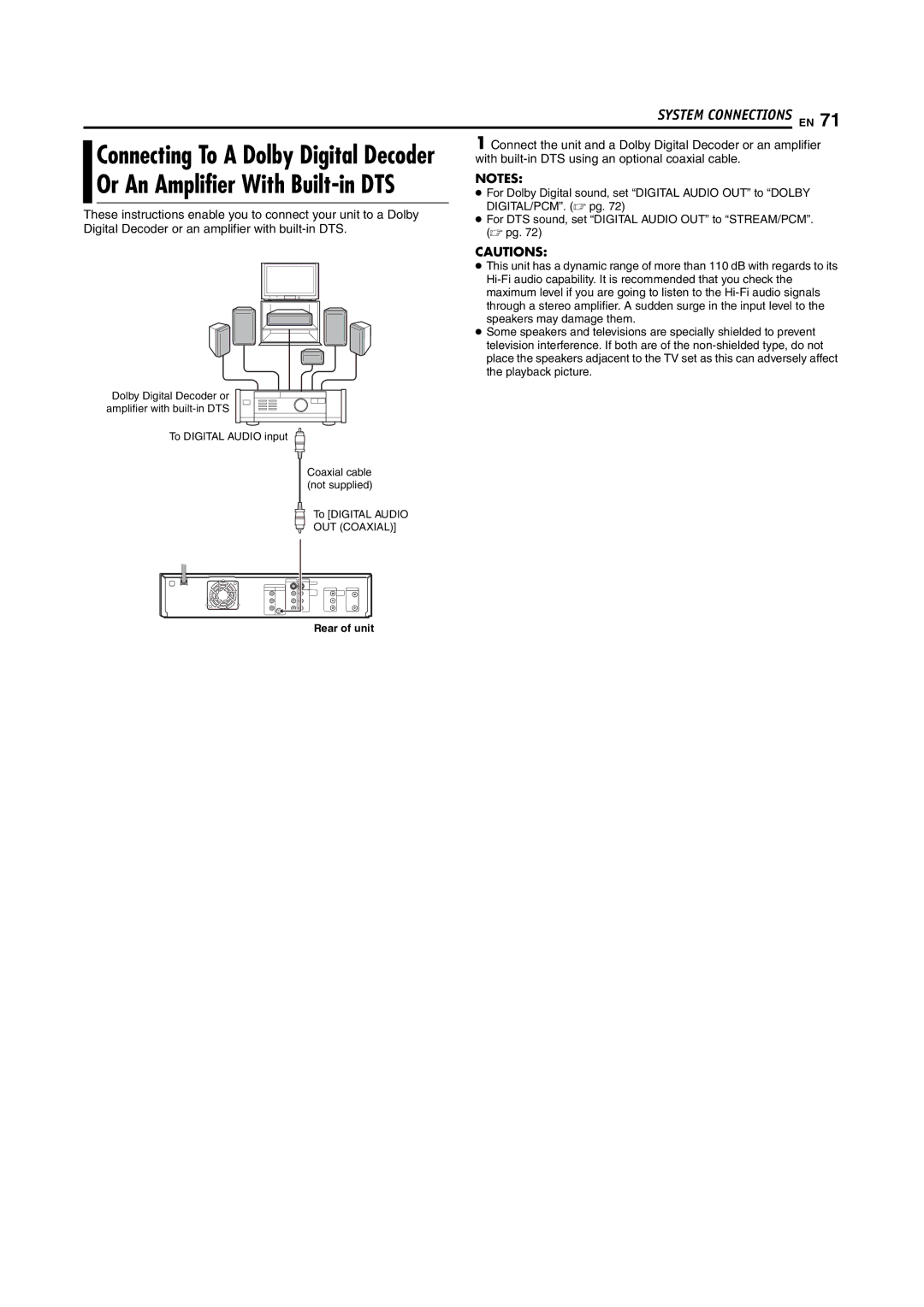 JVC DR-MV5S manual With built-in DTS using an optional coaxial cable, Digital Decoder or an amplifier with built-in DTS 