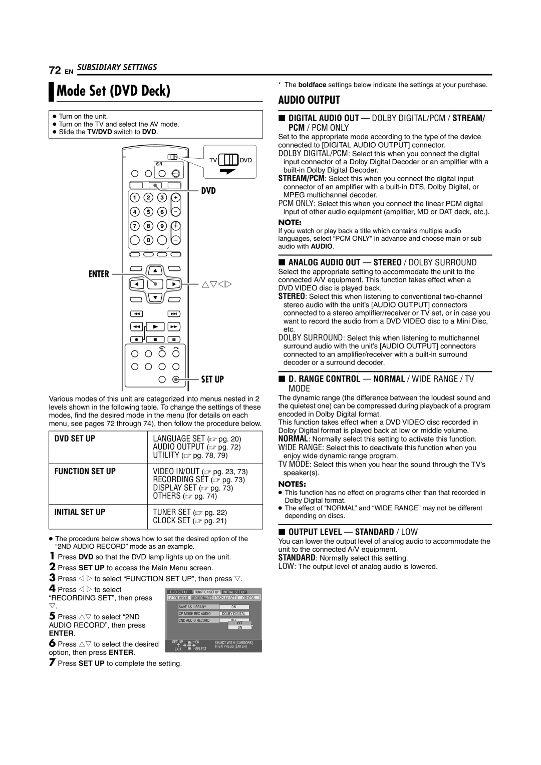 JVC DR-MV5S manual Mode Set DVD Deck, Utility  pg, Others  pg, Press rt to select 2ND, Audio RECORD, then press 