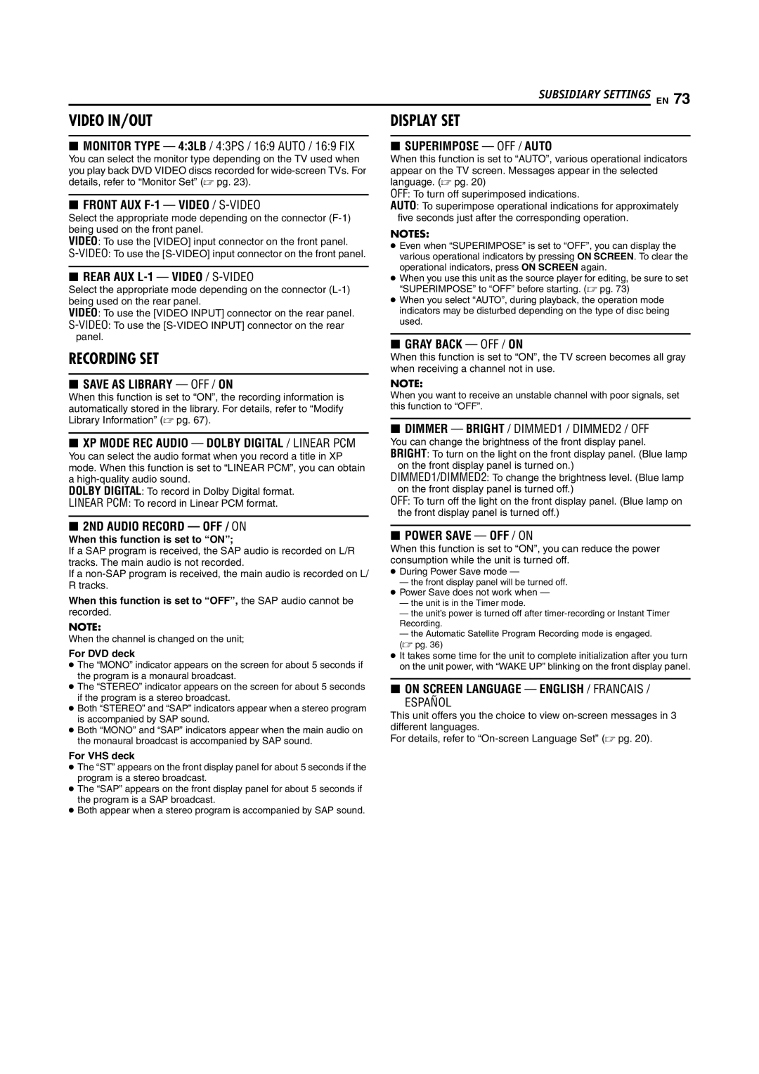 JVC DR-MV5S manual When this function is set to on, When this function is set to OFF, the SAP audio cannot be, Recorded 