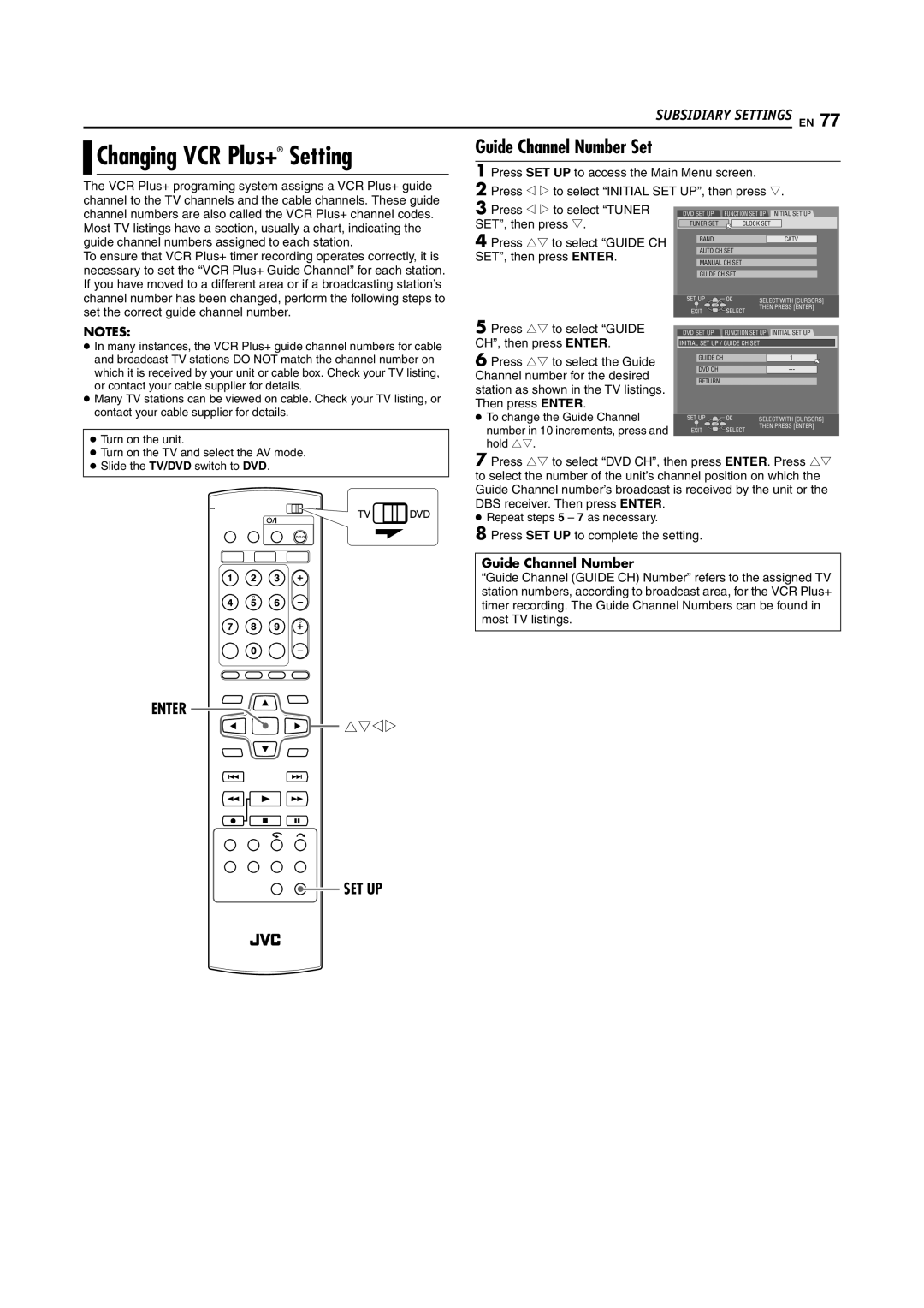 JVC DR-MV5S manual Changing VCR Plus+ Setting, Guide Channel Number Set, Press rt to select Guide CH, SET, then press Enter 