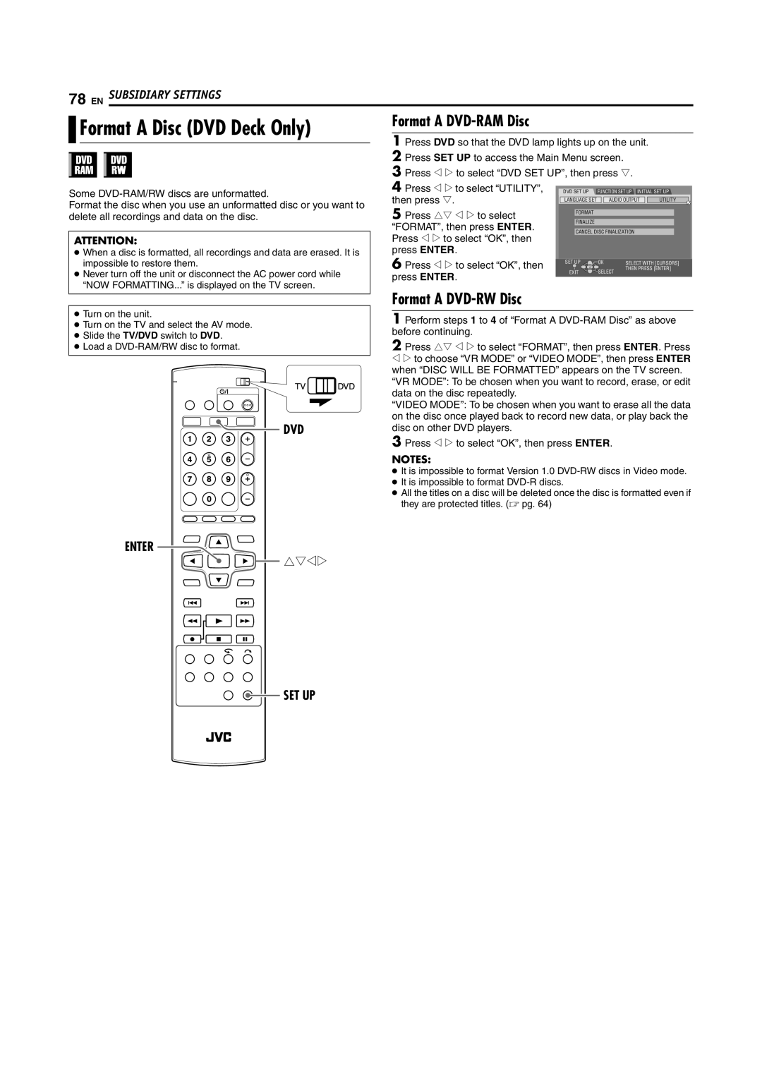 JVC DR-MV5S manual Format a DVD-RW Disc, Then press t 