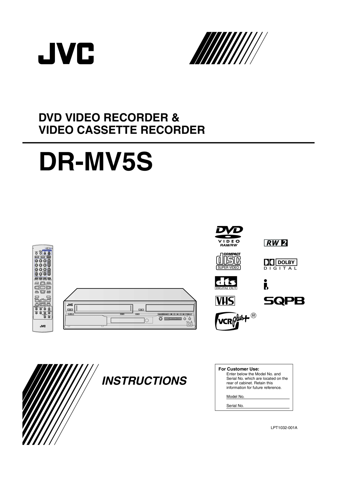 JVC DR-MV5S manual Instructions, Dvd Video Recorder & Video Cassette Recorder, For Customer Use, Model No Serial No 