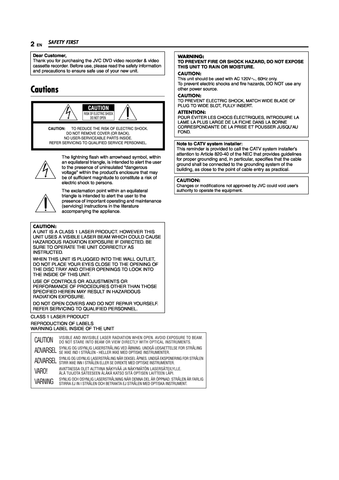JVC DR-MV5S manual Cautions, Safety First, Dear Customer, Note to CATV system installer 
