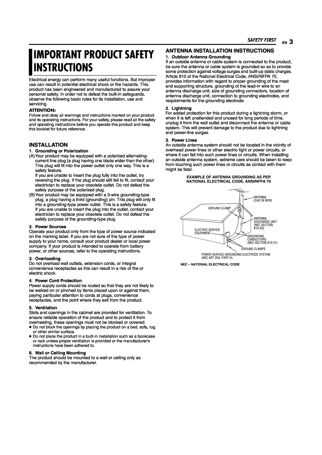 JVC DR-MV5S manual Important Product Safety, Antenna Installation Instructions, Safety First En, Outdoor Antenna Grounding 