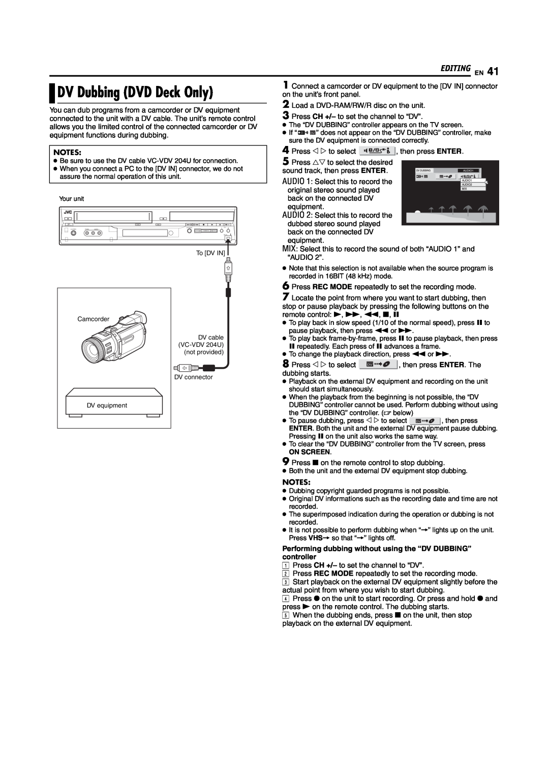 JVC DR-MV5S manual DV Dubbing DVD Deck Only, Editing En, Performing dubbing without using the “DV DUBBING” controller 