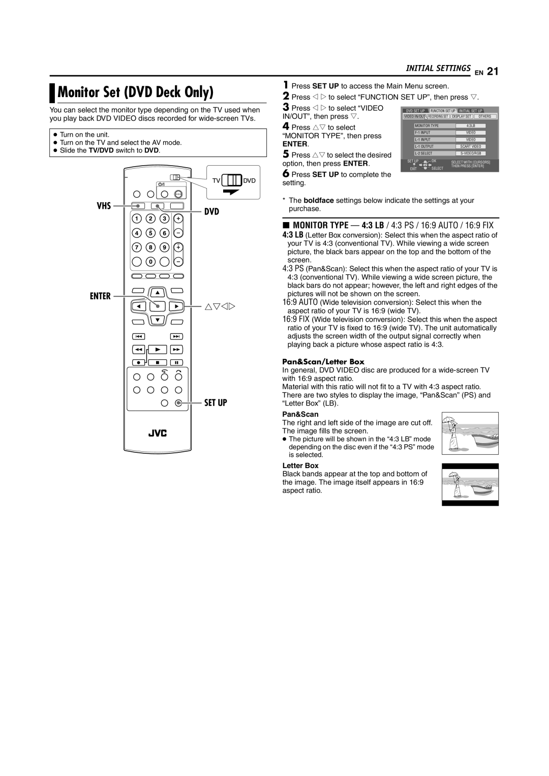 JVC DR-MV5SE manual Monitor Set DVD Deck Only, VHS DVD Enter SET UP, Pan&Scan/Letter Box 