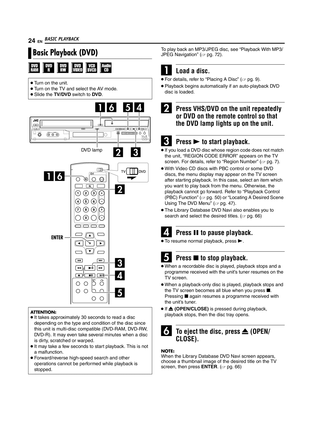 JVC DR-MV5SE manual Basic Playback DVD, Load a disc 