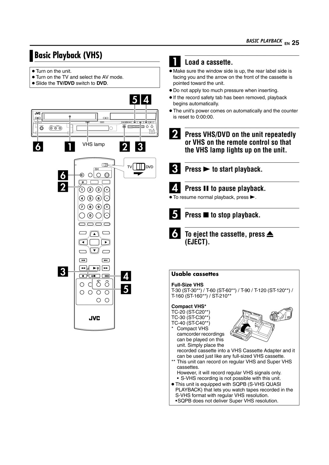 JVC DR-MV5SE manual Basic Playback VHS, Usable cassettes, Compact VHS camcorder recordings can be played on this 