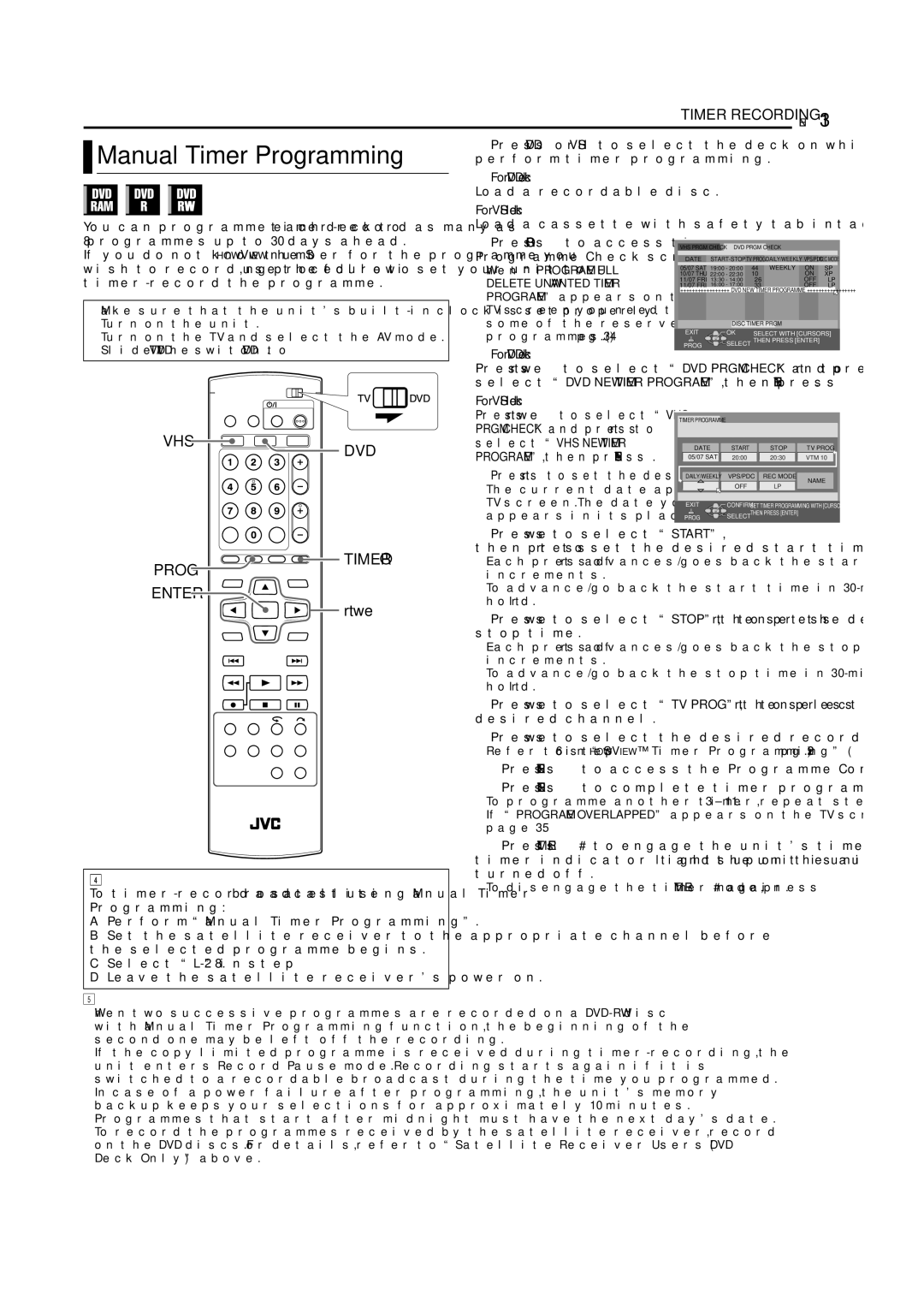 JVC DR-MV5SE manual Manual Timer Programming, For DVD deck 