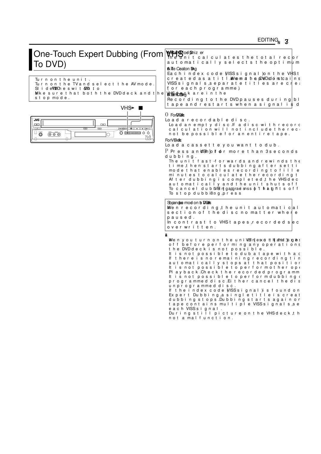 JVC DR-MV5SE manual To DVD, Auto Recording Mode Optimizer, Auto Title Creation Dubbing, Auto Blank-Cut Dubbing 