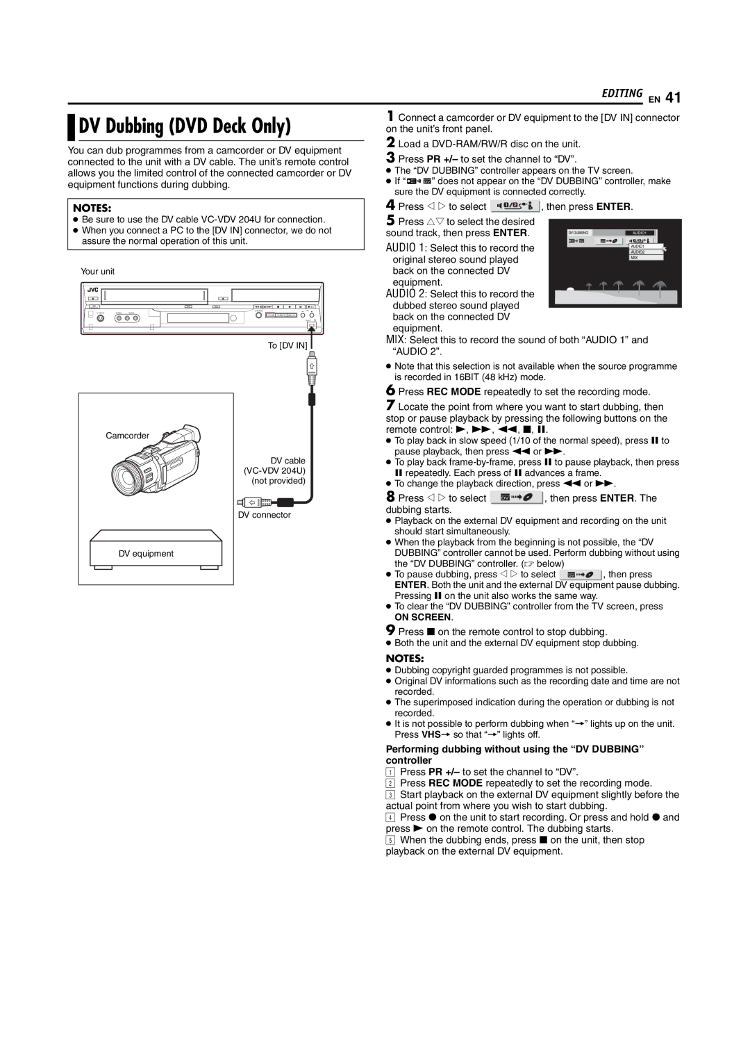 JVC DR-MV5SE manual DV Dubbing DVD Deck Only, Performing dubbing without using the DV Dubbing controller 