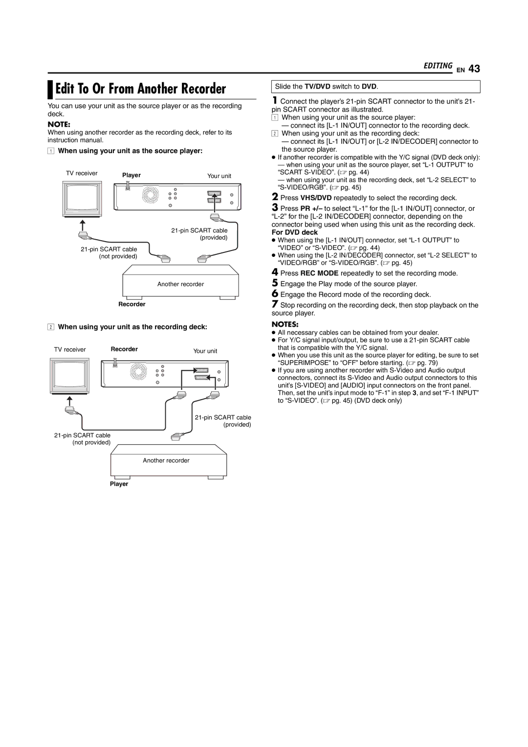 JVC DR-MV5SE manual When using your unit as the source player, When using your unit as the recording deck 